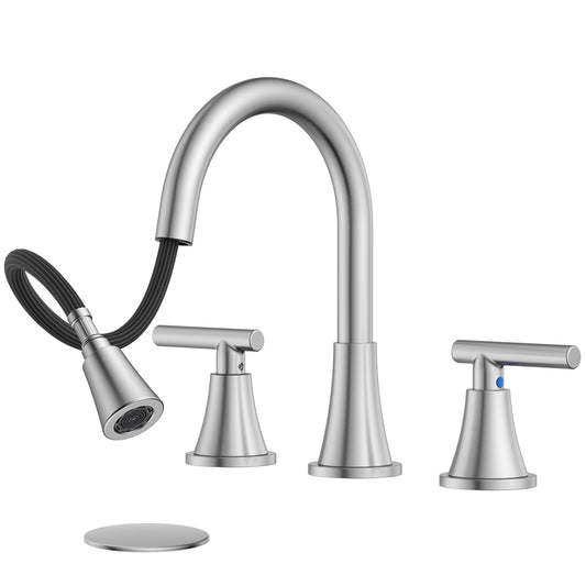 Hurran 8 Inch Pull Out Sprayer Bathroom Faucet 3 Hole, Widespread 2 Handle Sink Faucet with Pop Up Drain and Supply Lines, Stainless Steel for Vanity, RV, Brushed Nickel