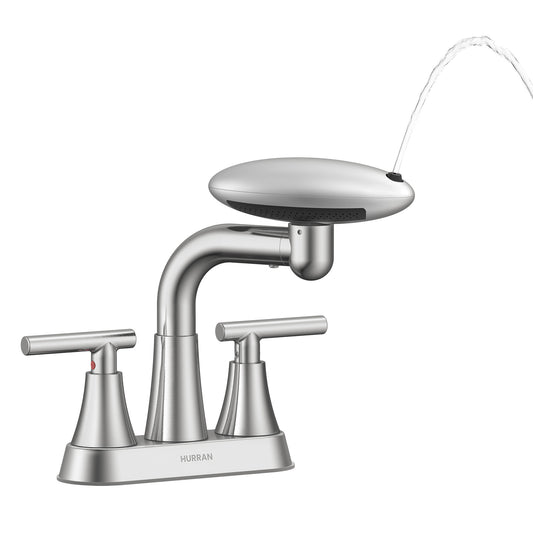 HURRAN 4 Inch Centerset Bathroom Faucet, 4 Spray Modes Bathroom Sink Faucet with Pop Up Drain and Supply Lines, Stainless Steel 2 Handle Vanity Faucet for 3 Hole Sink, Brushed Nickel