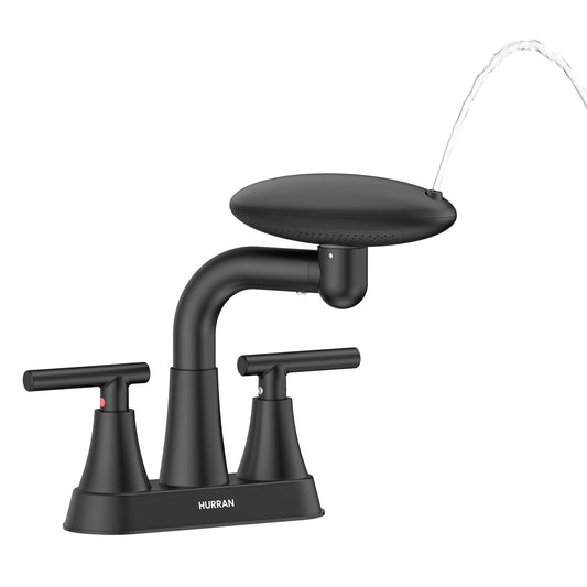 HURRAN 4 Inch Centerset Bathroom Faucet, 4 Spray Modes Bathroom Sink Faucet with Pop Up Drain and Supply Hoses, Stainless Steel 2 Handle Vanity Faucet for 3 Hole Sink, Matte Black