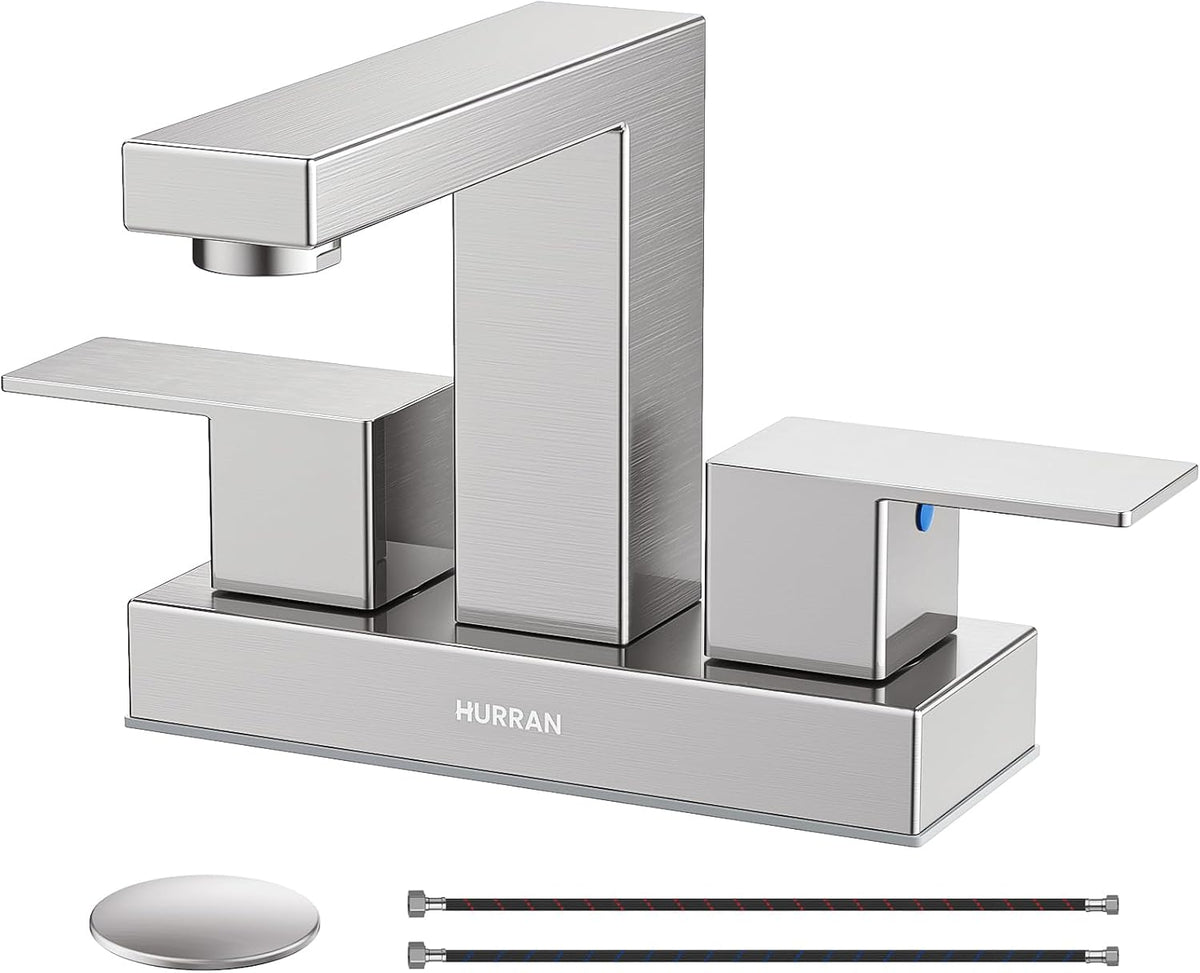 Hurran 4 inch Bathroom Faucets for Sink 3 Hole with Pop-up Drain and Supply Lines