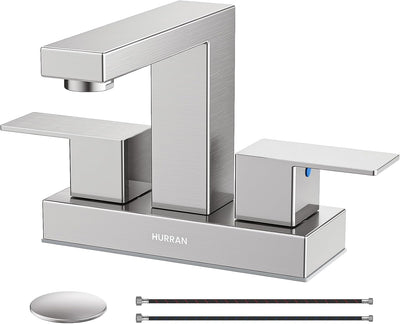 Hurran 4 inch Bathroom Faucets for Sink 3 Hole with Pop-up Drain and Supply Lines