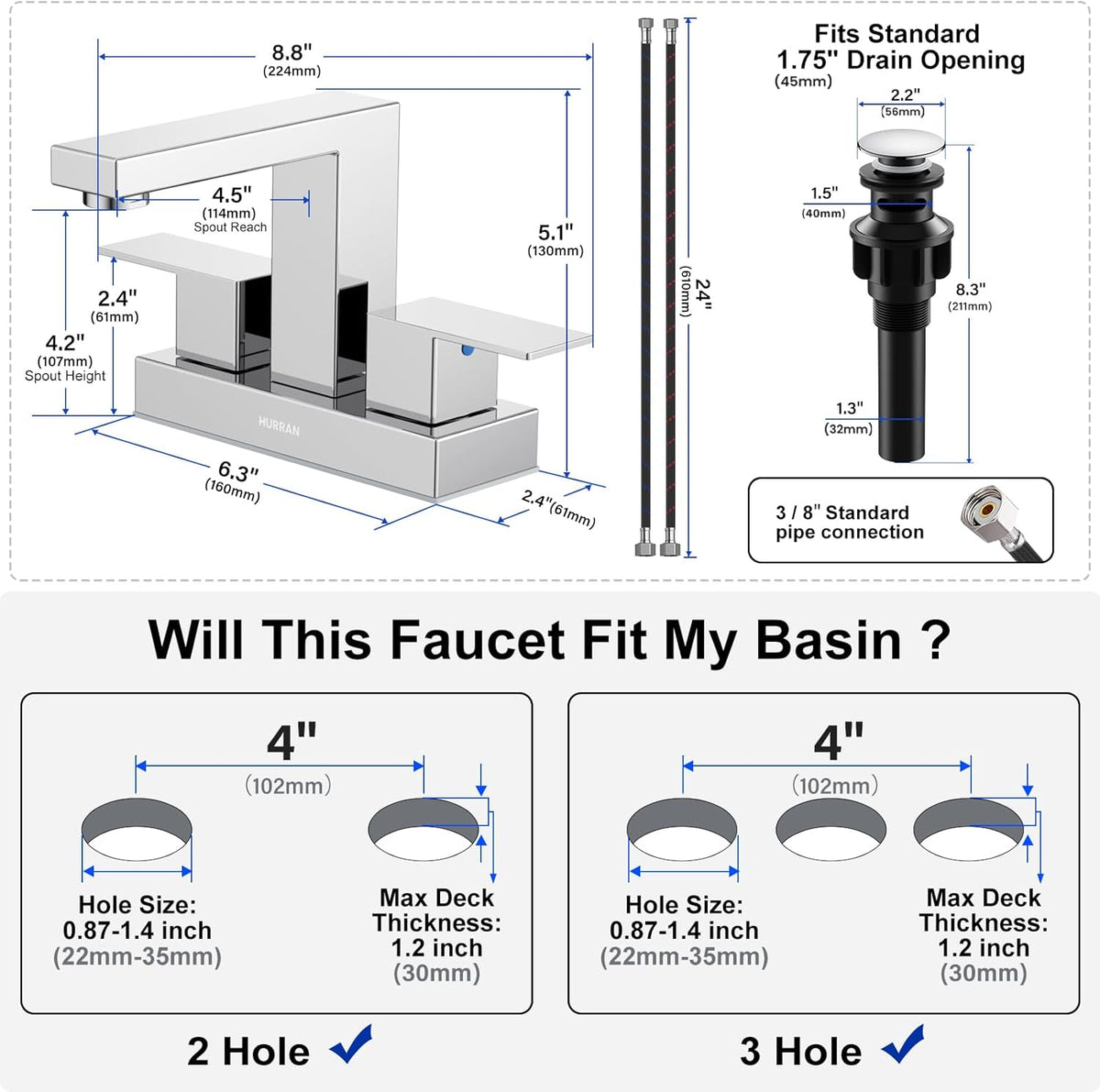 Hurran 4 inch Bathroom Faucets for Sink 3 Hole with Pop-up Drain and Supply Lines