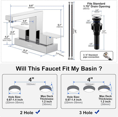 Hurran 4 inch Bathroom Faucets for Sink 3 Hole with Pop-up Drain and Supply Lines
