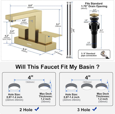 Hurran 4 inch Bathroom Faucets for Sink 3 Hole with Pop-up Drain and Supply Lines