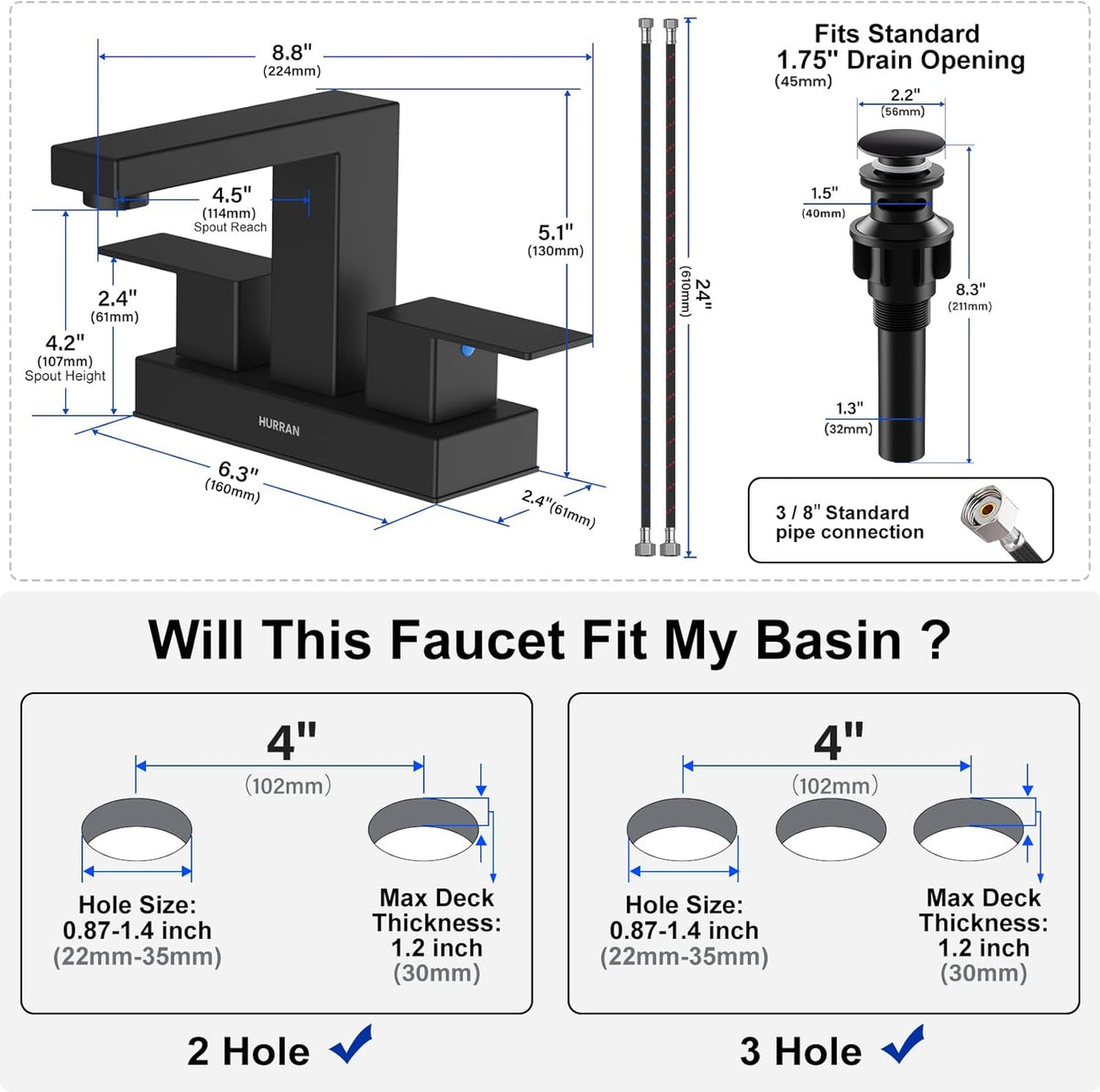 Hurran 4 inch Bathroom Faucets for Sink 3 Hole with Pop-up Drain and Supply Lines