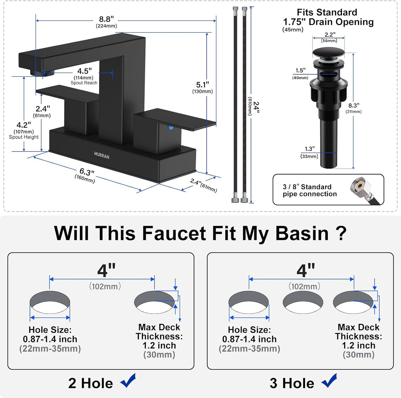Hurran 4 inch Bathroom Faucets for Sink 3 Hole with Pop-up Drain and Supply Lines