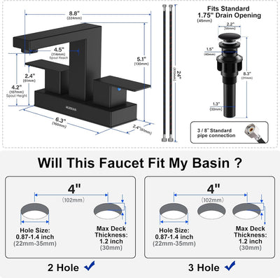Hurran 4 inch Bathroom Faucets for Sink 3 Hole with Pop-up Drain and Supply Lines