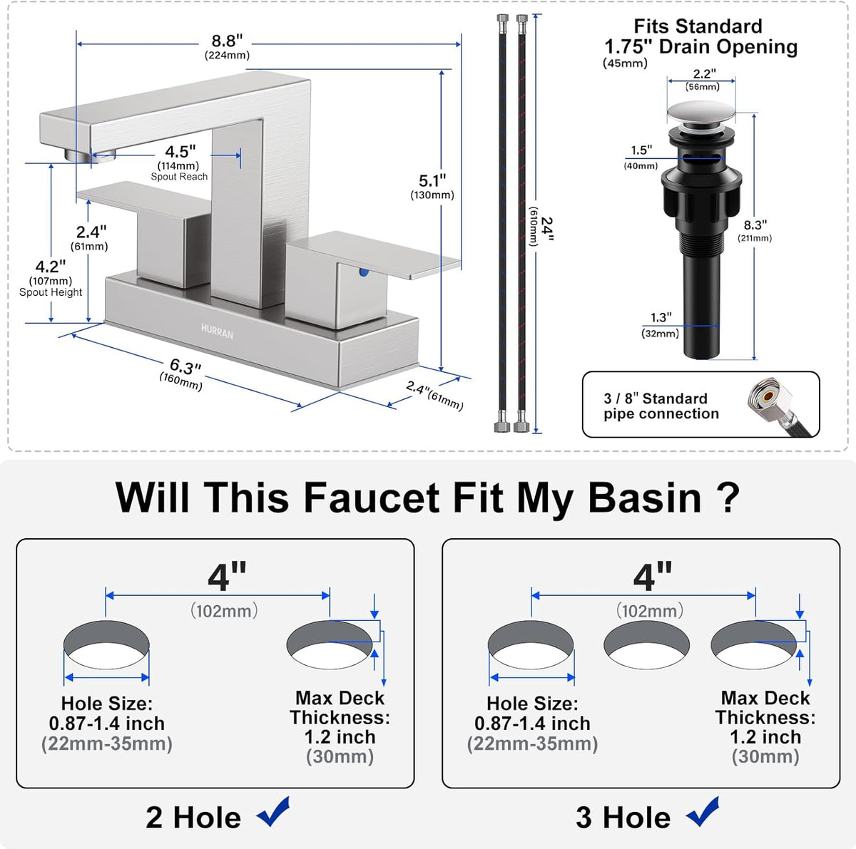 Hurran 4 inch Bathroom Faucets for Sink 3 Hole with Pop-up Drain and Supply Lines