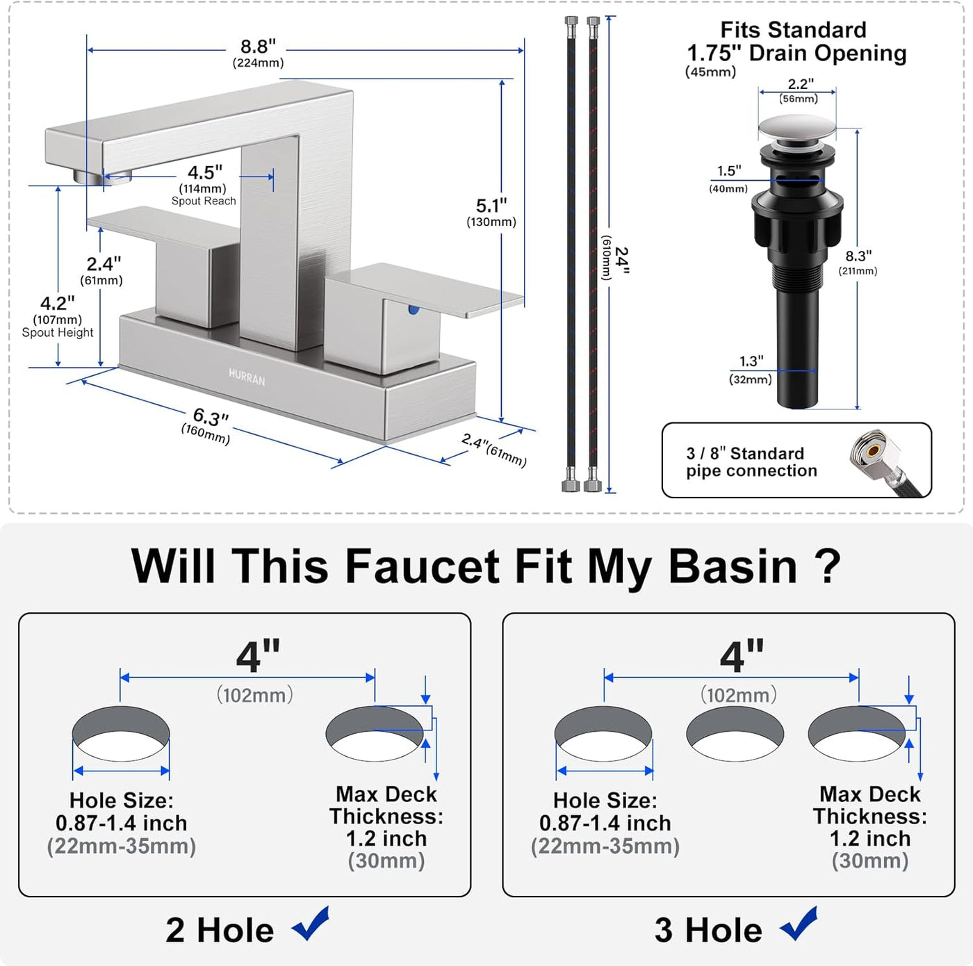 Hurran 4 inch Bathroom Faucets for Sink 3 Hole with Pop-up Drain and Supply Lines