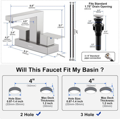 Hurran 4 inch Bathroom Faucets for Sink 3 Hole with Pop-up Drain and Supply Lines