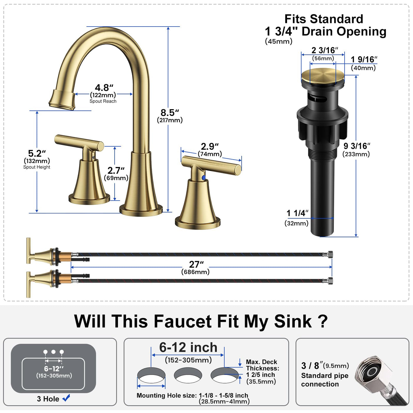 Hurran Bathroom Faucets For Sink 3 Hole With Pop-Up Drain And Supply Lines