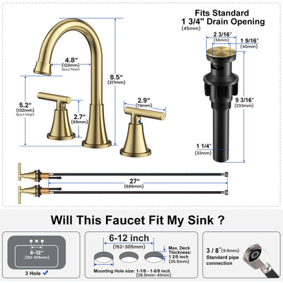 Hurran Bathroom Faucets For Sink 3 Hole With Pop-Up Drain And Supply Lines