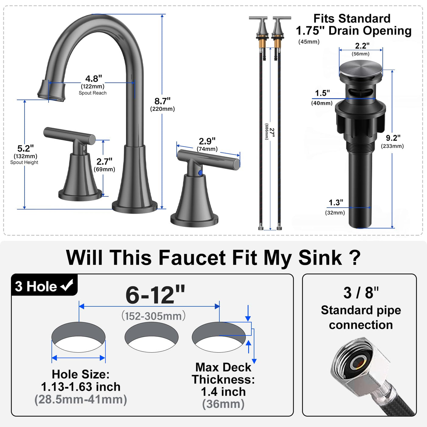 Hurran Bathroom Faucets For Sink 3 Hole With Pop-Up Drain And Supply Lines