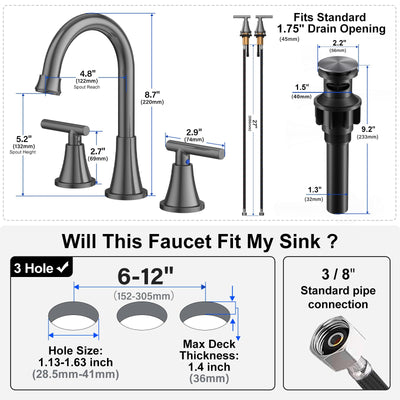 Hurran Bathroom Faucets For Sink 3 Hole With Pop-Up Drain And Supply Lines