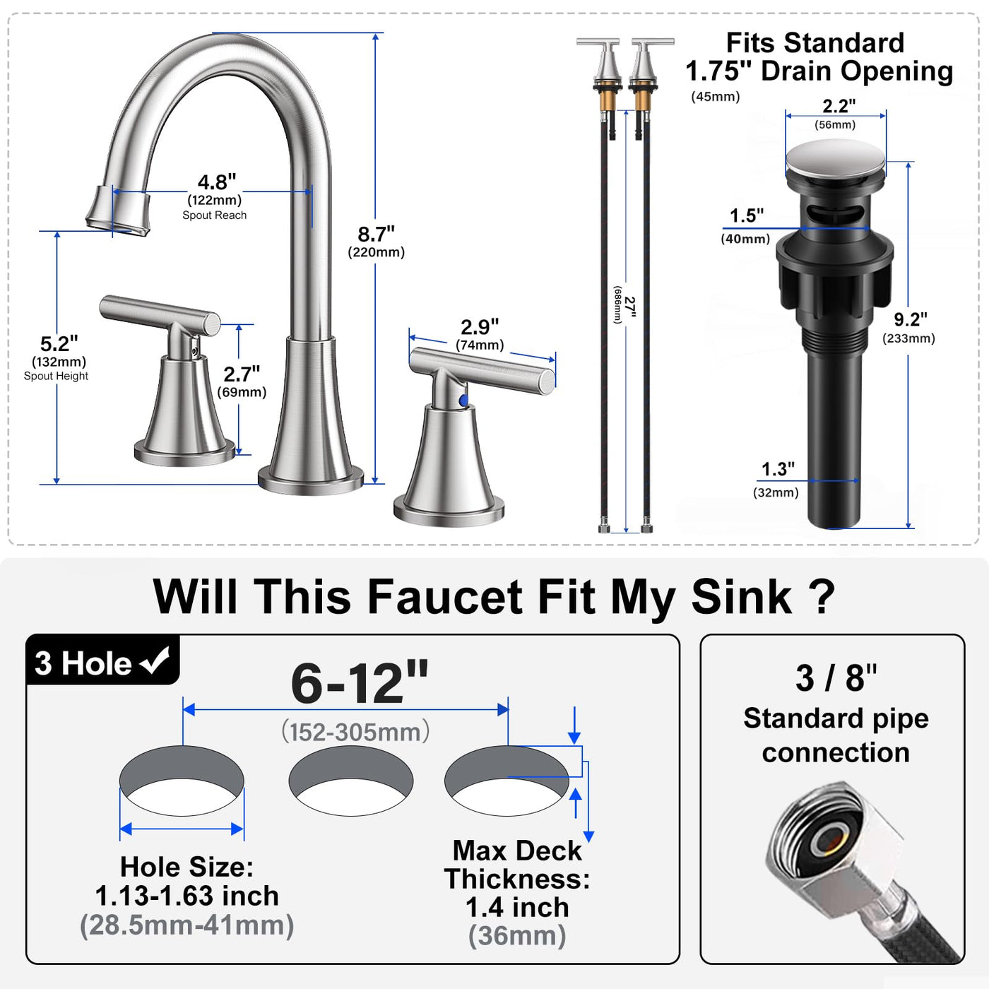 Hurran Bathroom Faucets For Sink 3 Hole With Pop-Up Drain And Supply Lines