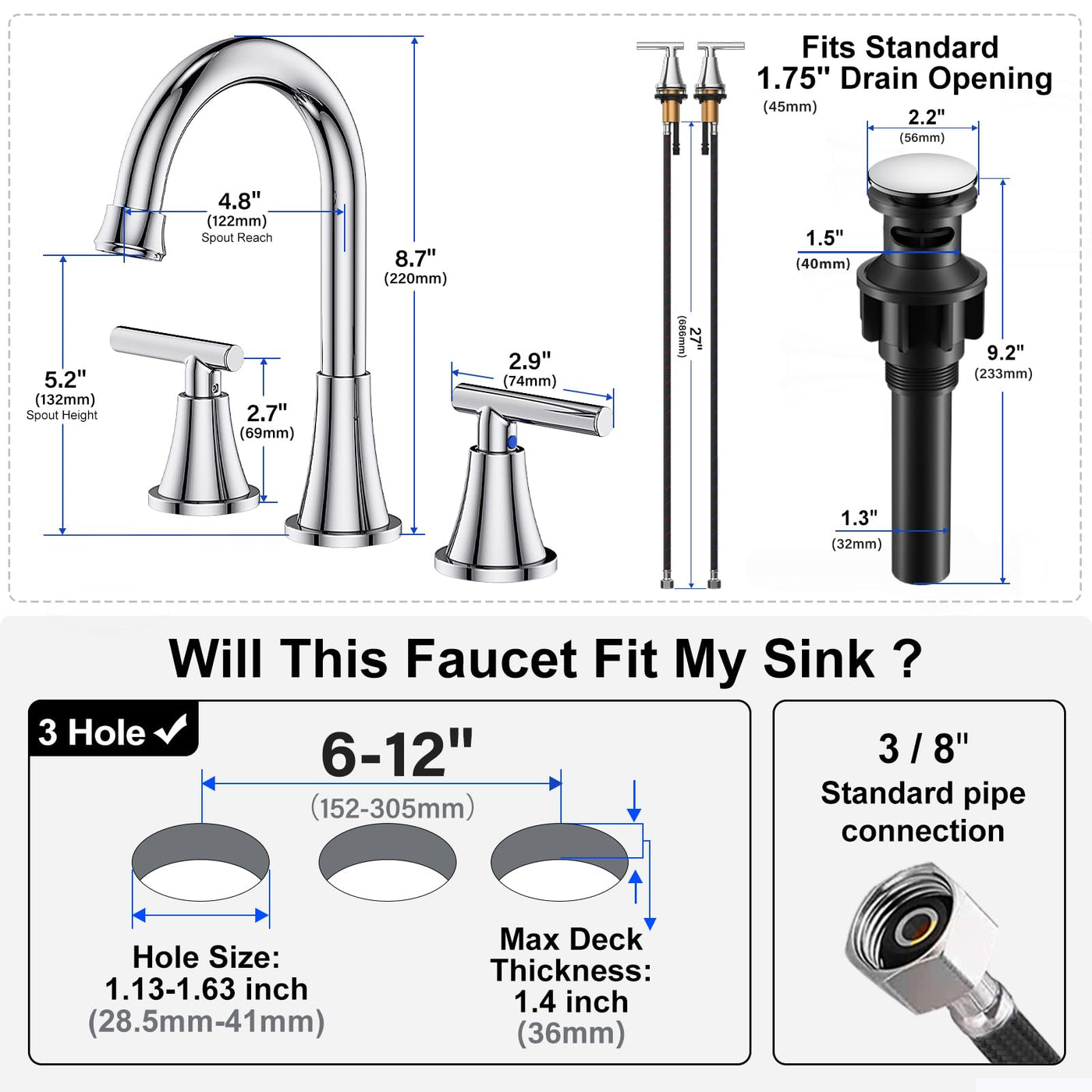Hurran Bathroom Faucets For Sink 3 Hole With Pop-Up Drain And Supply Lines