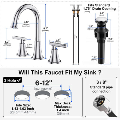 Hurran Bathroom Faucets For Sink 3 Hole With Pop-Up Drain And Supply Lines