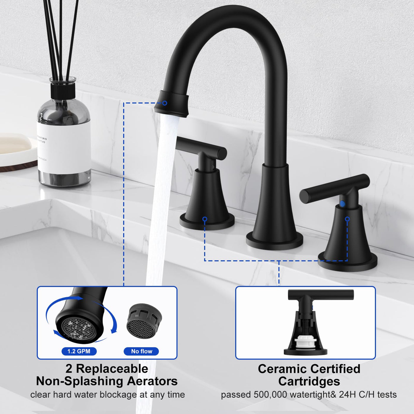 Hurran Bathroom Faucets For Sink 3 Hole With Pop-Up Drain And Supply Lines
