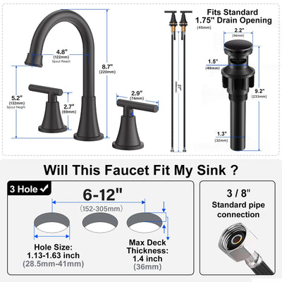 Hurran Bathroom Faucets For Sink 3 Hole With Pop-Up Drain And Supply Lines
