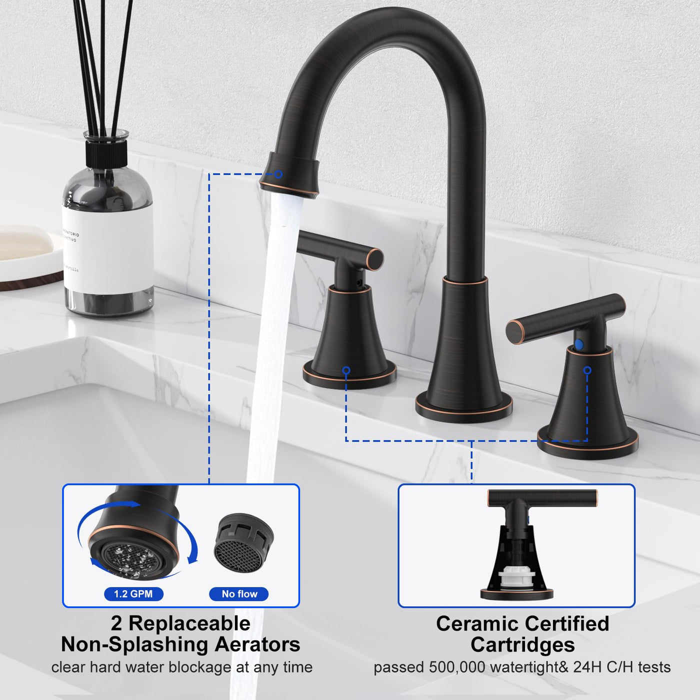 Hurran Bathroom Faucets For Sink 3 Hole With Pop-Up Drain And Supply Lines