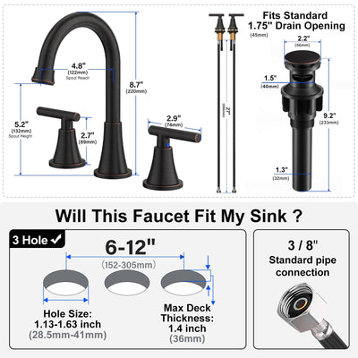 Hurran Bathroom Faucets For Sink 3 Hole With Pop-Up Drain And Supply Lines