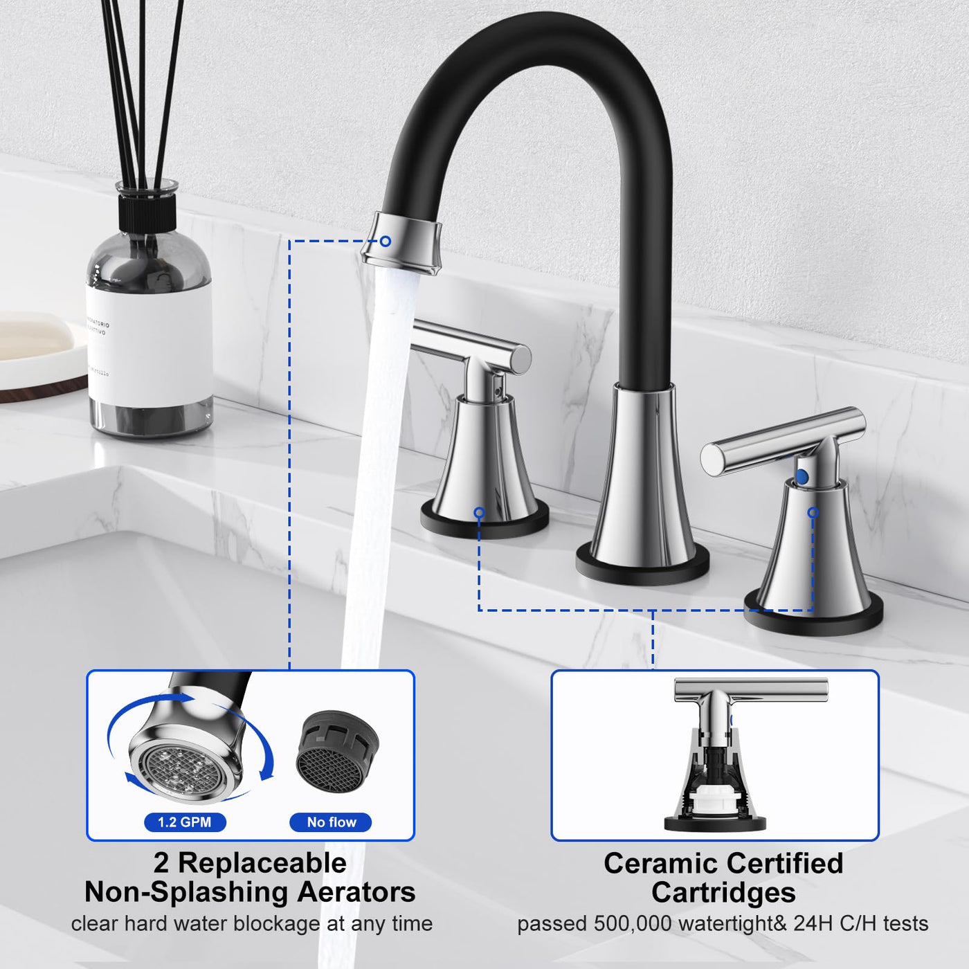Hurran Bathroom Faucets For Sink 3 Hole With Pop-Up Drain And Supply Lines