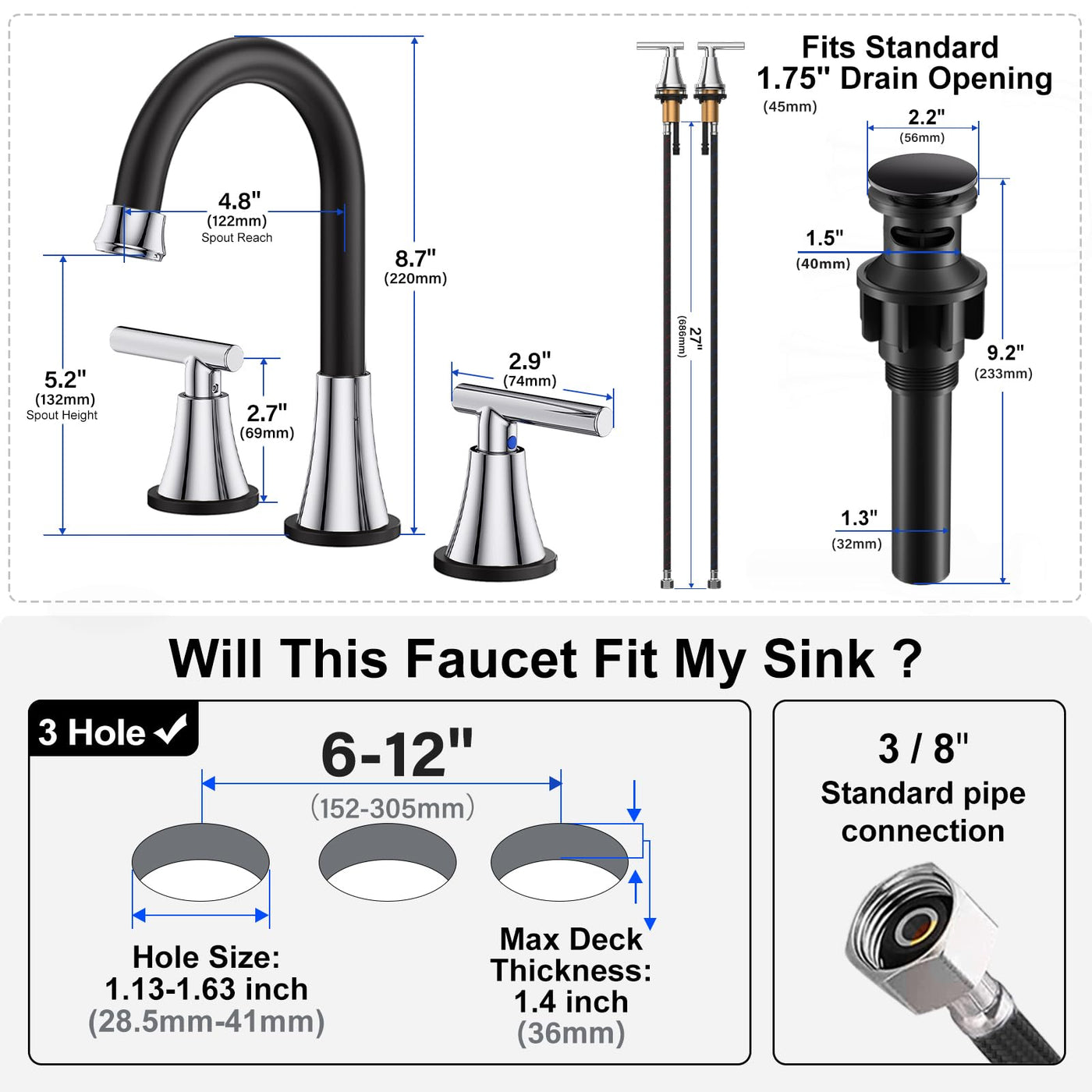 Hurran Bathroom Faucets For Sink 3 Hole With Pop-Up Drain And Supply Lines