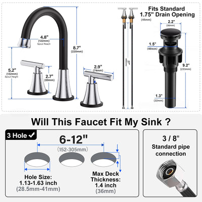Hurran Bathroom Faucets For Sink 3 Hole With Pop-Up Drain And Supply Lines