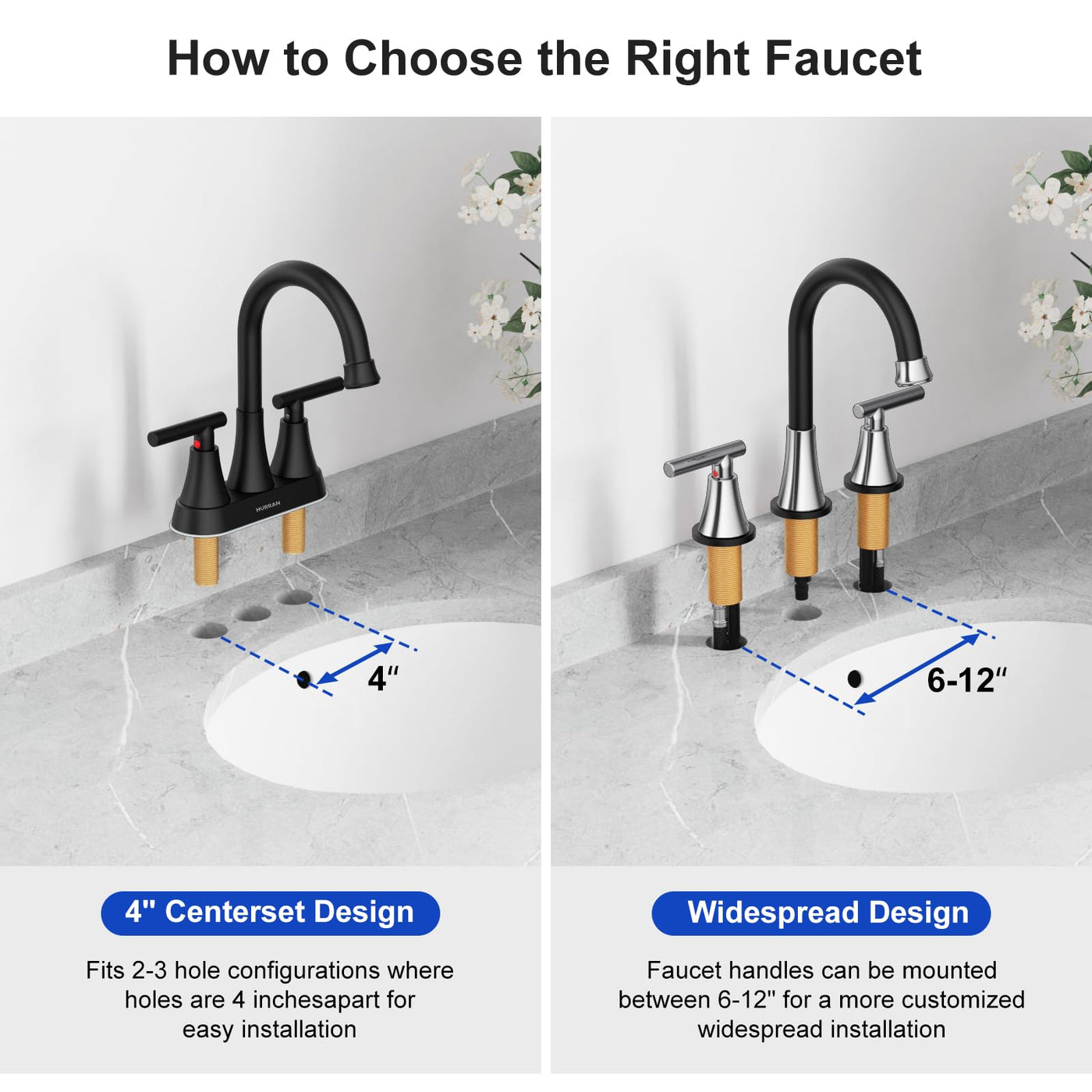 Hurran Bathroom Faucets For Sink 3 Hole With Pop-Up Drain And Supply Lines