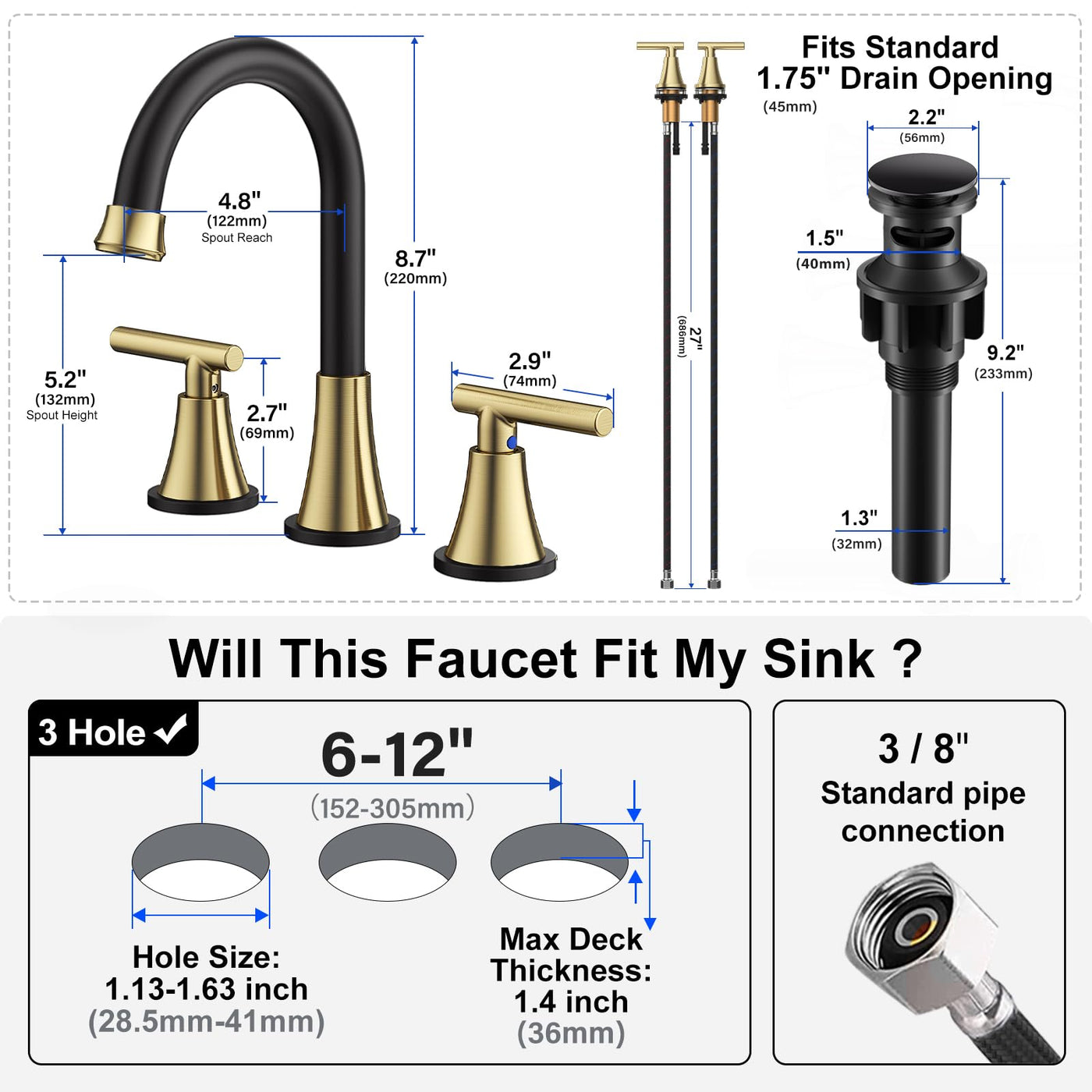 Hurran Bathroom Faucets For Sink 3 Hole With Pop-Up Drain And Supply Lines