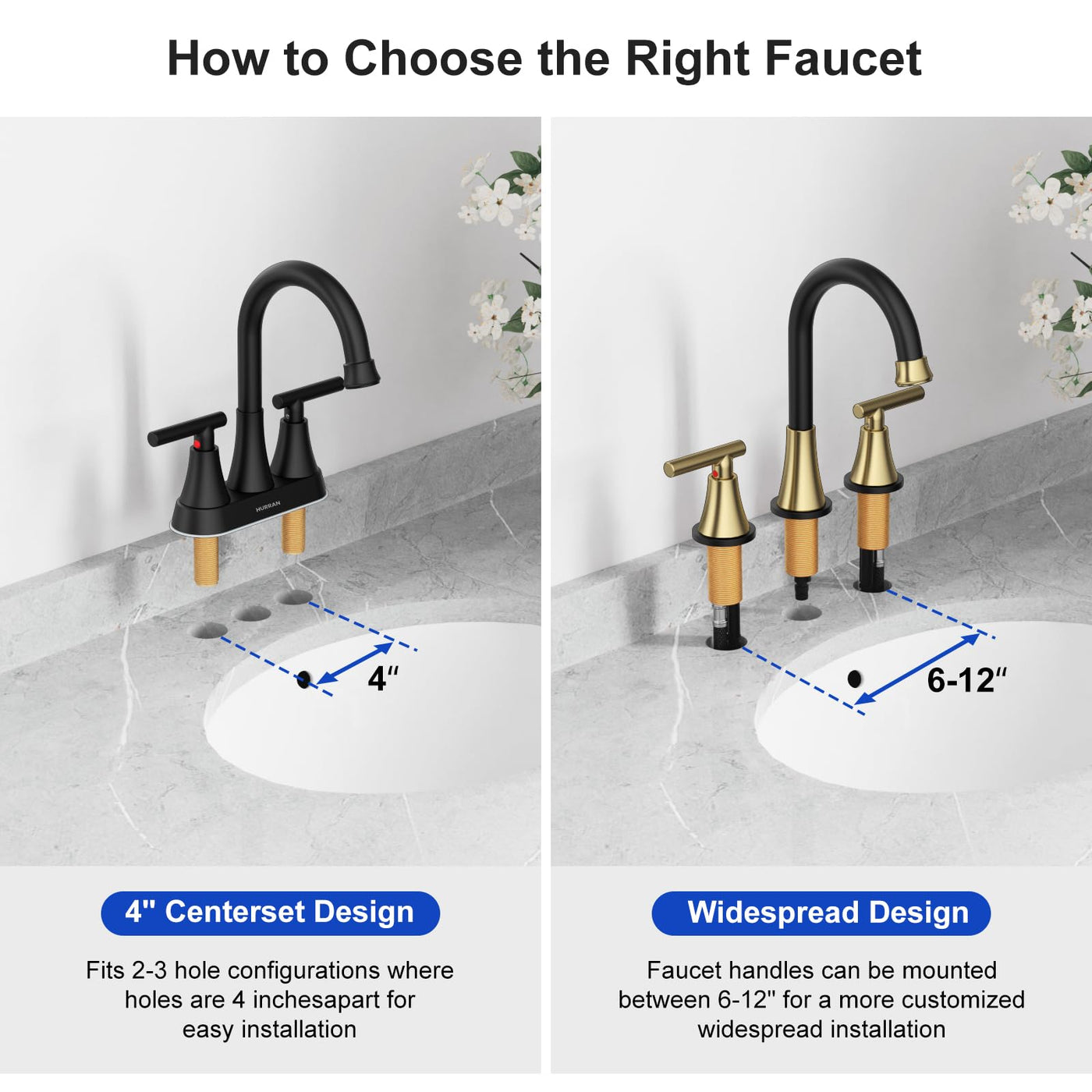 Hurran Bathroom Faucets For Sink 3 Hole With Pop-Up Drain And Supply Lines