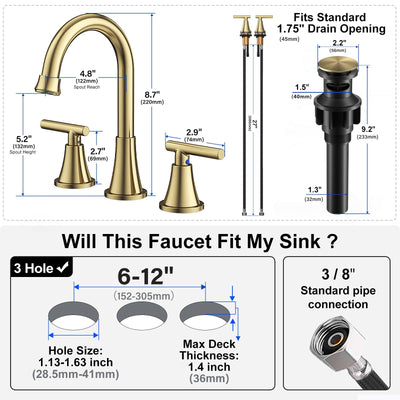 Hurran Bathroom Faucets For Sink 3 Hole With Pop-Up Drain And Supply Lines