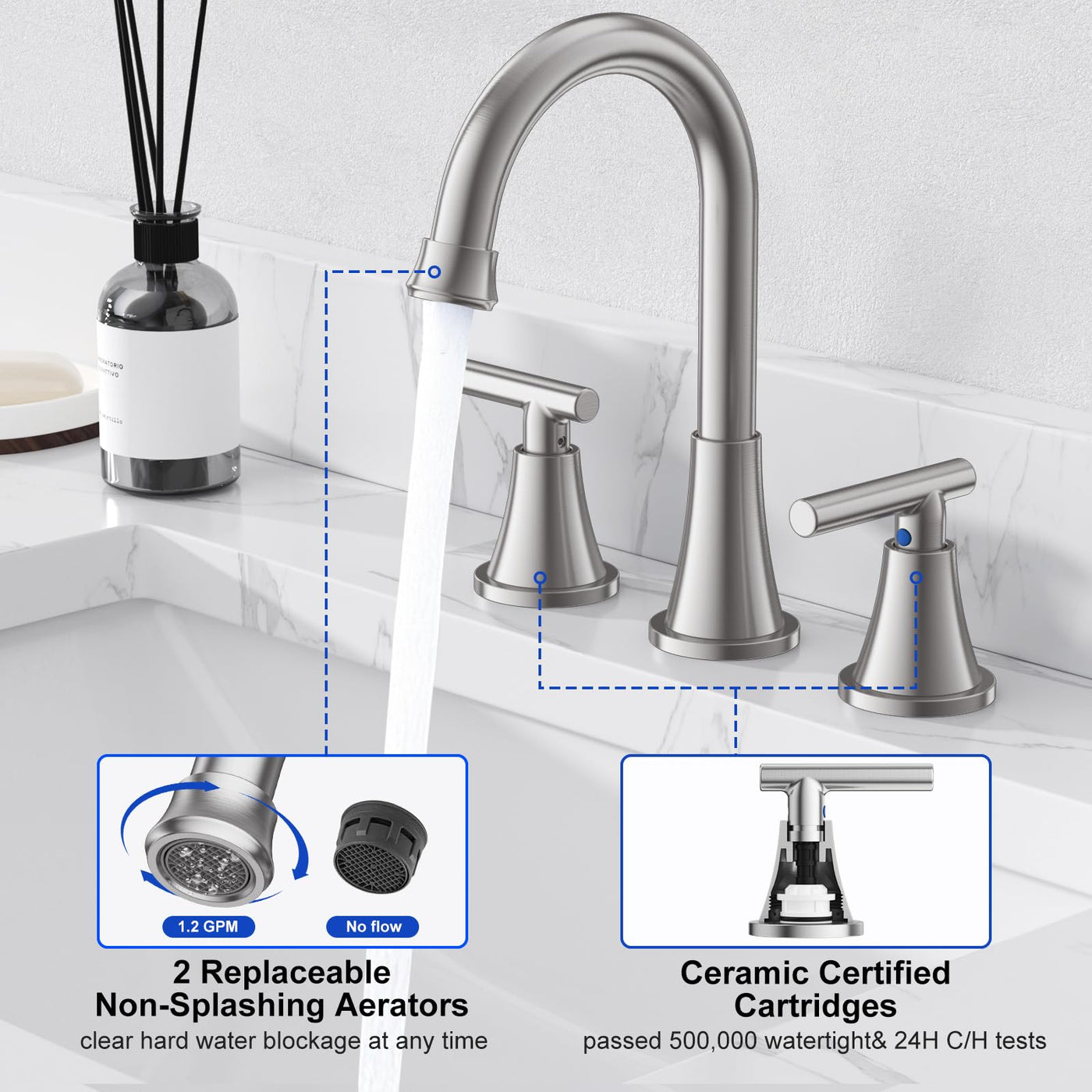 Hurran Bathroom Faucets For Sink 3 Hole With Pop-Up Drain And Supply Lines