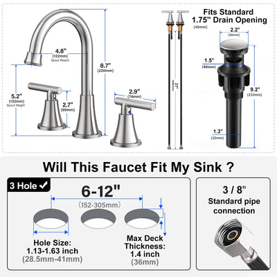 Hurran Bathroom Faucets For Sink 3 Hole With Pop-Up Drain And Supply Lines
