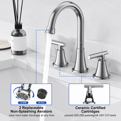 Hurran Bathroom Faucets For Sink 3 Hole With Pop-Up Drain And Supply Lines