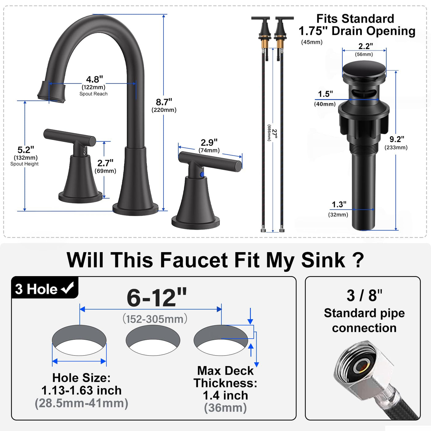 Hurran Bathroom Faucets For Sink 3 Hole With Pop-Up Drain And Supply Lines