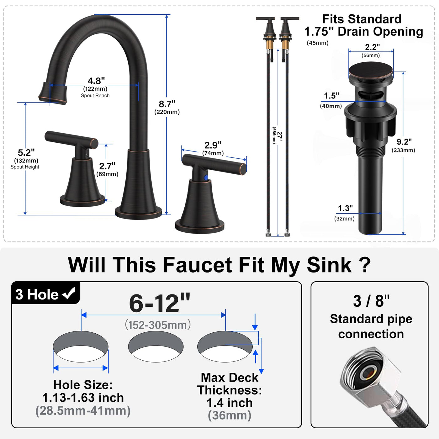 Hurran Bathroom Faucets For Sink 3 Hole With Pop-Up Drain And Supply Lines